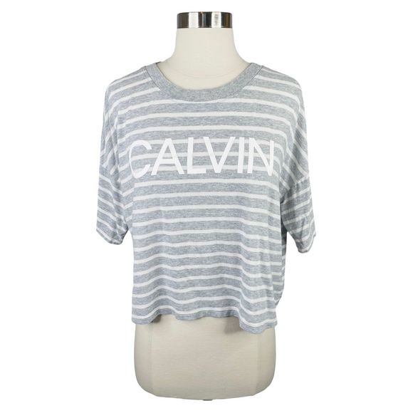 Calvin Klein Performance Gray & White Striped Cropped Athletic Tee - Size Medium - Picture 1 of 5